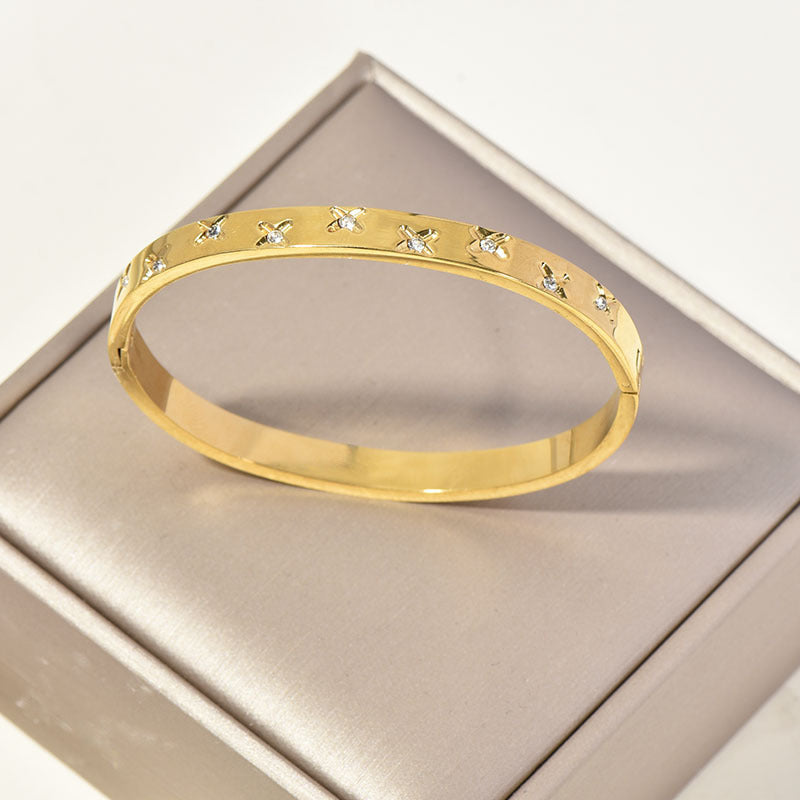 Bracelet rétro tournesol serti de diamants, manchette dorée polie
