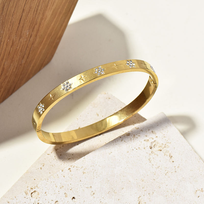 Bracelet rétro tournesol serti de diamants, manchette dorée polie