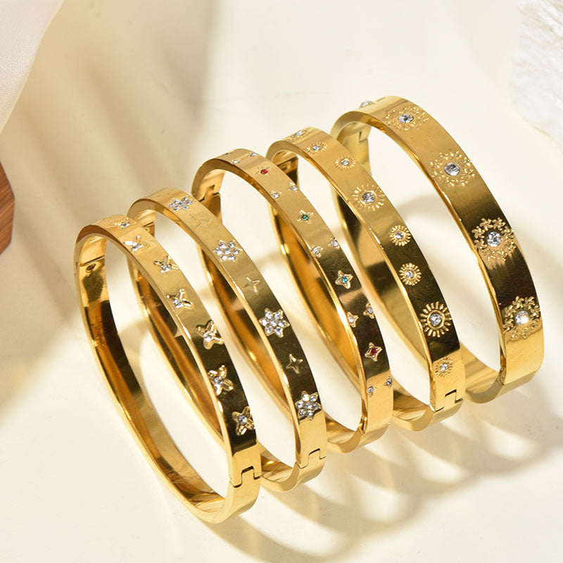 Bracelet rétro tournesol serti de diamants, manchette dorée polie