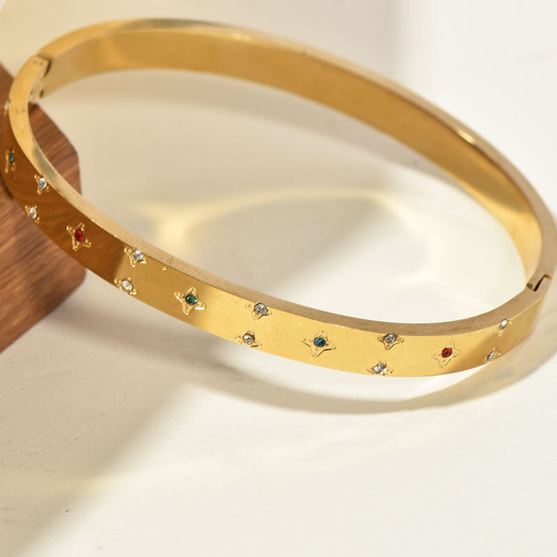 Bracelet rétro tournesol serti de diamants, manchette dorée polie